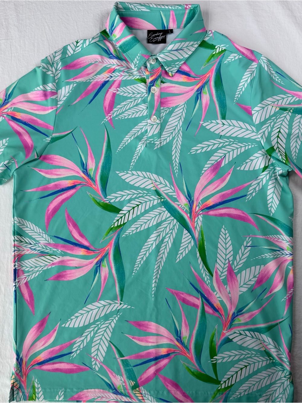 Sunday Swagger Mens L Golf Polo Tropical Bird of Paradise Floral Mint Pink